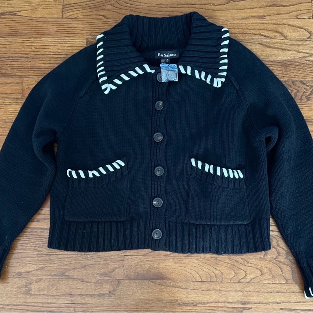 En Saison Piper Whipstitch Black & White Cardigan Sweater Women’s Medium NEW - Picture 10 of 14